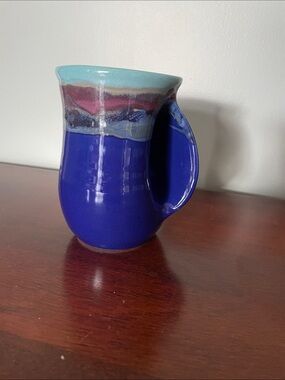 Handmade Blue Ceramic Mug with Multicolor Rim - Unbranded